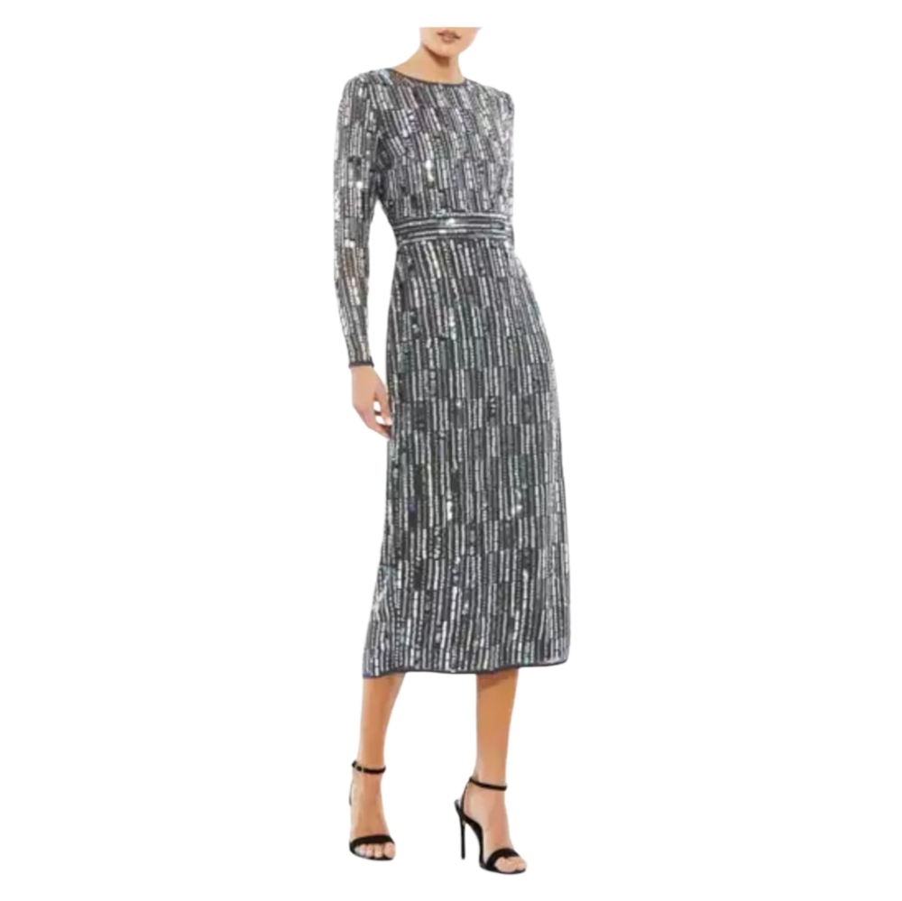 Mac Duggal 93590 Embellished High Neck Long Sleeve Dress Charcoa Size 10 NWT
